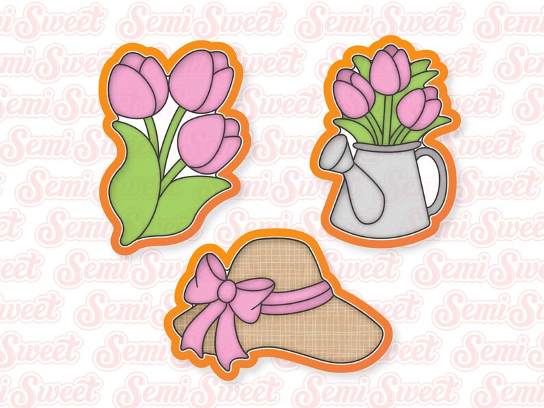 May include: Three spring-themed cookie cutters: tulips, tulips in a watering can, and a sun hat with a pink bow. The cutters have an orange outline and are designed for baking. The image has a repeating "Semi Sweet" watermark.
