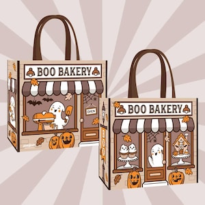 May include: Two brown tote bags with the words "Boo Bakery" printed on the front. The bags feature a ghost, pumpkins, and other Halloween-themed illustrations.