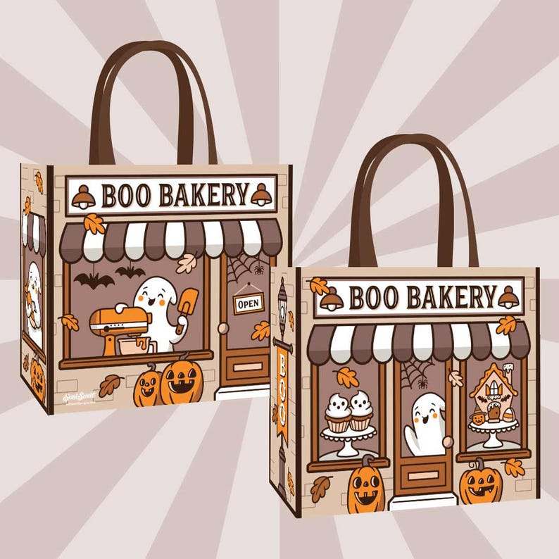 May include: Two brown tote bags with the words "Boo Bakery" printed on the front. The bags feature a ghost, pumpkins, and other Halloween-themed illustrations.