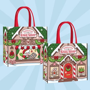 May include: Two tote bags with red handles depict a cartoon North Pole Bake Shop. The shop has a red door, green roof, and is decorated with Christmas wreaths, candy canes, and a gingerbread man. The text 'North Pole Bake Shop' is visible.