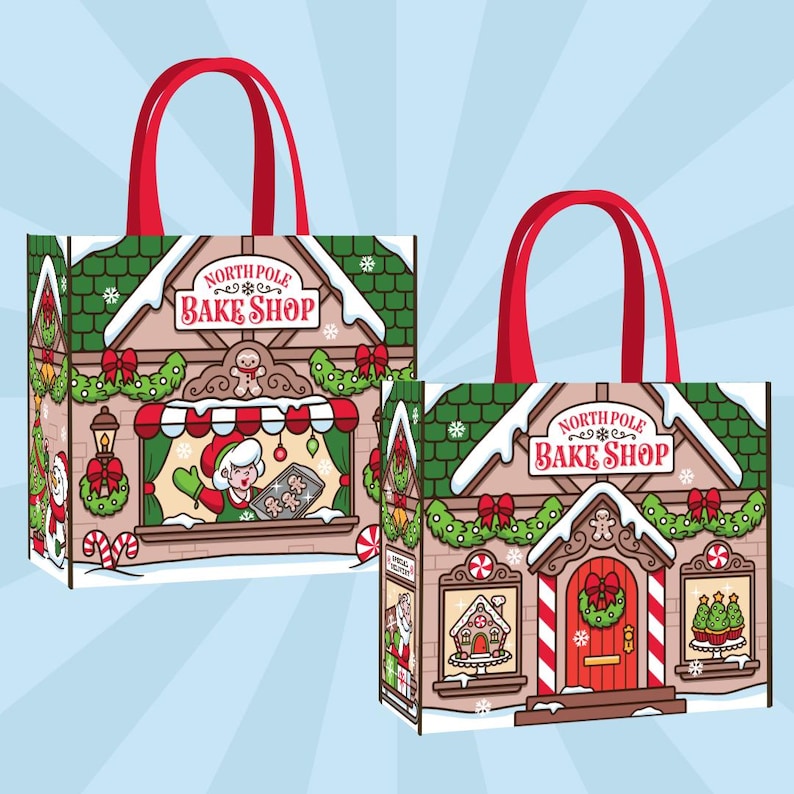 May include: Two tote bags with red handles depict a cartoon North Pole Bake Shop. The shop has a red door, green roof, and is decorated with Christmas wreaths, candy canes, and a gingerbread man. The text 'North Pole Bake Shop' is visible.