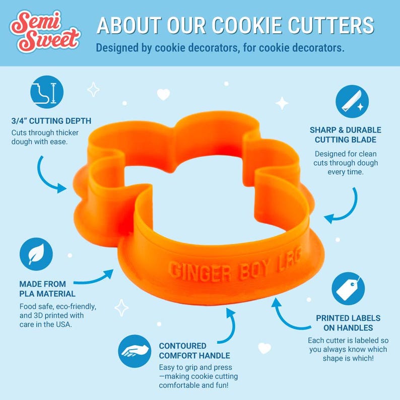 May include: An orange plastic cookie cutter with a ginger boy shape. The side features the embossed text GINGER BOY LRG. The design includes a 3/4 inch cutting depth, a sharp cutting blade, a contoured comfort handle, and a printed label.