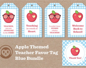 Printable Teacher Apple Blue Bundle Gift Favor Tags Instant Download