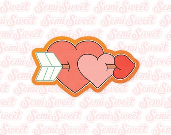 May include: Two pink hearts with an arrow through them, the arrow is white with a green outline. The hearts are on an orange background.