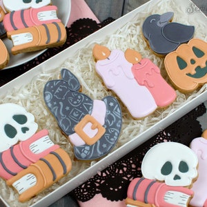 Witch Pattern Stencil used on our Witch Kit Cookie Set. Cookies are display in a gift box.