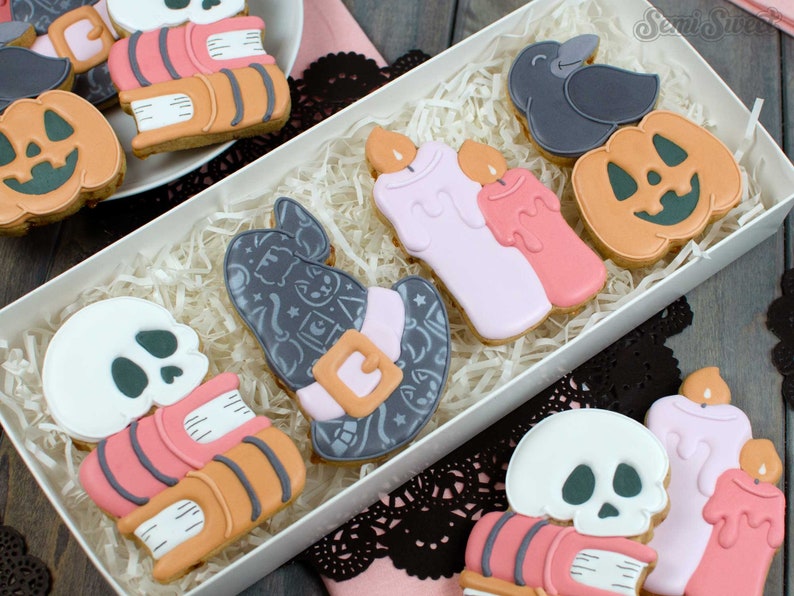 Witch Pattern Stencil used on our Witch Kit Cookie Set. Cookies are display in a gift box.