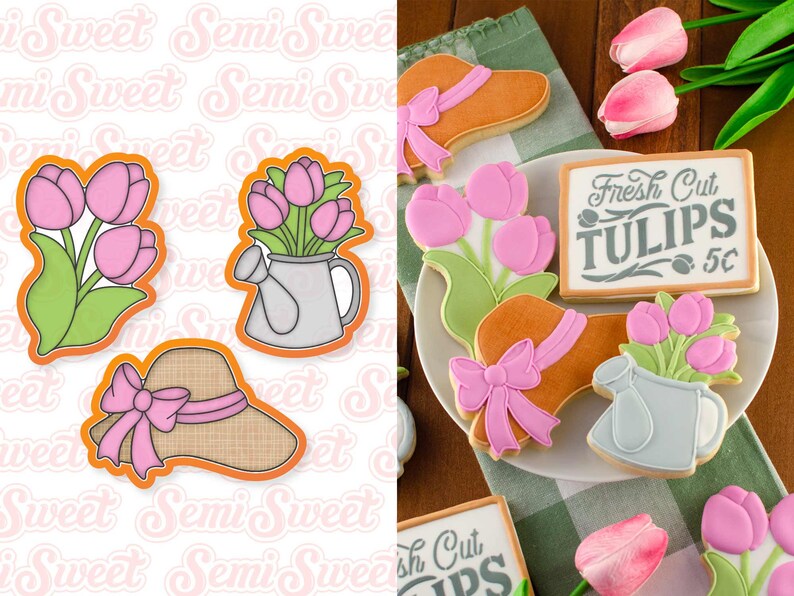 May include: Cookies in the shape of tulips, a sun hat with a pink bow, and a watering can with tulips. The cookies are decorated with pink, green, and orange icing. One cookie has a sign that says "Fresh Cut Tulips 5&cent;".