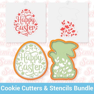 May include: A set of three cookie cutters and stencils for Easter. The set includes a bunny, an egg with the text "Happy Easter" and a stencil of an egg with the text "Happy Easter".