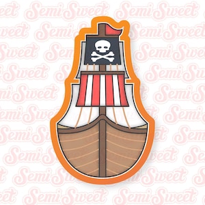 May include: A pirate ship cookie cutter with a brown hull, red and white striped sails, and a black flag with a skull and crossbones. The cutter has an orange outline.