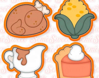 May include: Four Thanksgiving-themed cookie cutters: a roasted turkey, an ear of corn, a gravy boat, and a slice of pumpkin pie with whipped cream. Each cutter has an orange outline.