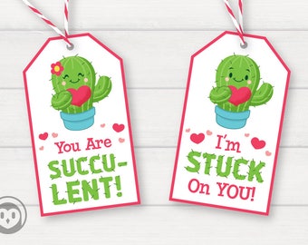 Cactus “I’m Stuck on You!” and “You Are Succulent!” Printable Valentine’s Gift Tag Favor Instant Download