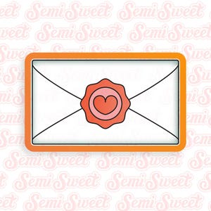 May include: A white envelope with a black outline and a red heart-shaped wax seal. The envelope is surrounded by a thick orange border.