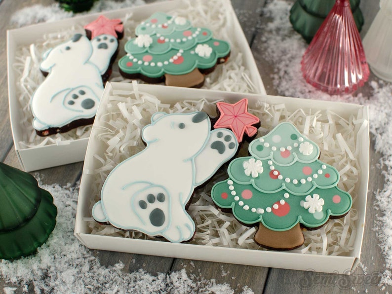 polar bear decorating a tree cookie set