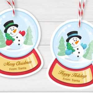 May include: Two Christmas gift tags shaped like snow globes with a snowman holding a small Christmas tree inside. The tag on the left says "Merry Christmas From: Santa" and the tag on the right says "Happy Holidays From: Santa".