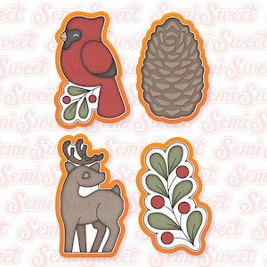 May include: Four cookie cutters in orange outlines: a cardinal on a branch, a pine cone, a reindeer, and a sprig of holly with red berries.