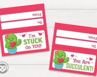 Cactus “I’m Stuck on You!” and “You Are Succulent!” Printable Valentine’s Gift Bag Topper Instant Download