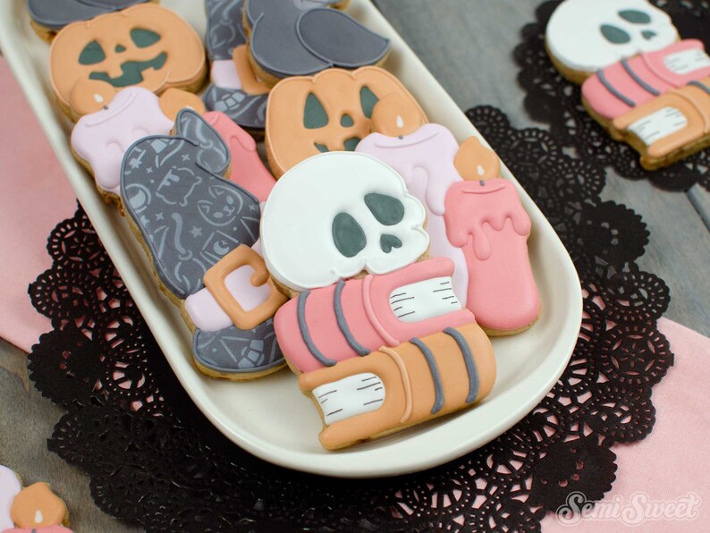 Witch Pattern Stencil used on our Witch Kit Cookie Set. Cookies are display on a plate.