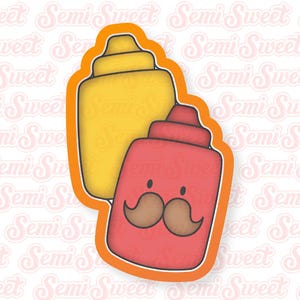 May include: A cookie cutter set featuring a mustard bottle and a ketchup bottle with a moustache. The mustard bottle is yellow and the ketchup bottle is red.