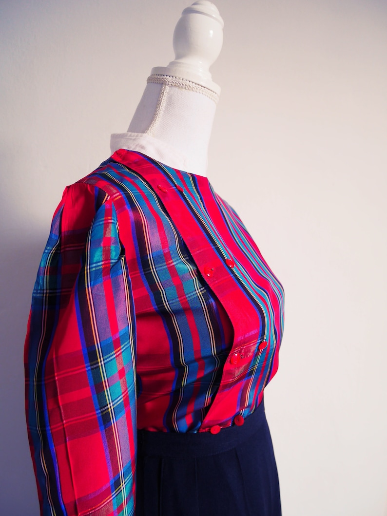 Crop shirt top blouse Vintage 70 of 80/'s Plaid hand stitched Scottish stand-up Mandarin collar