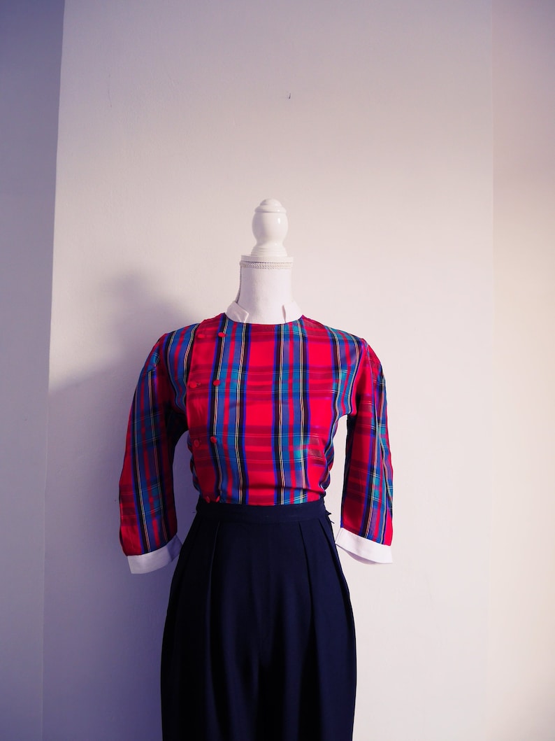 Crop shirt top blouse Vintage 70 of 80/'s Plaid hand stitched Scottish stand-up Mandarin collar