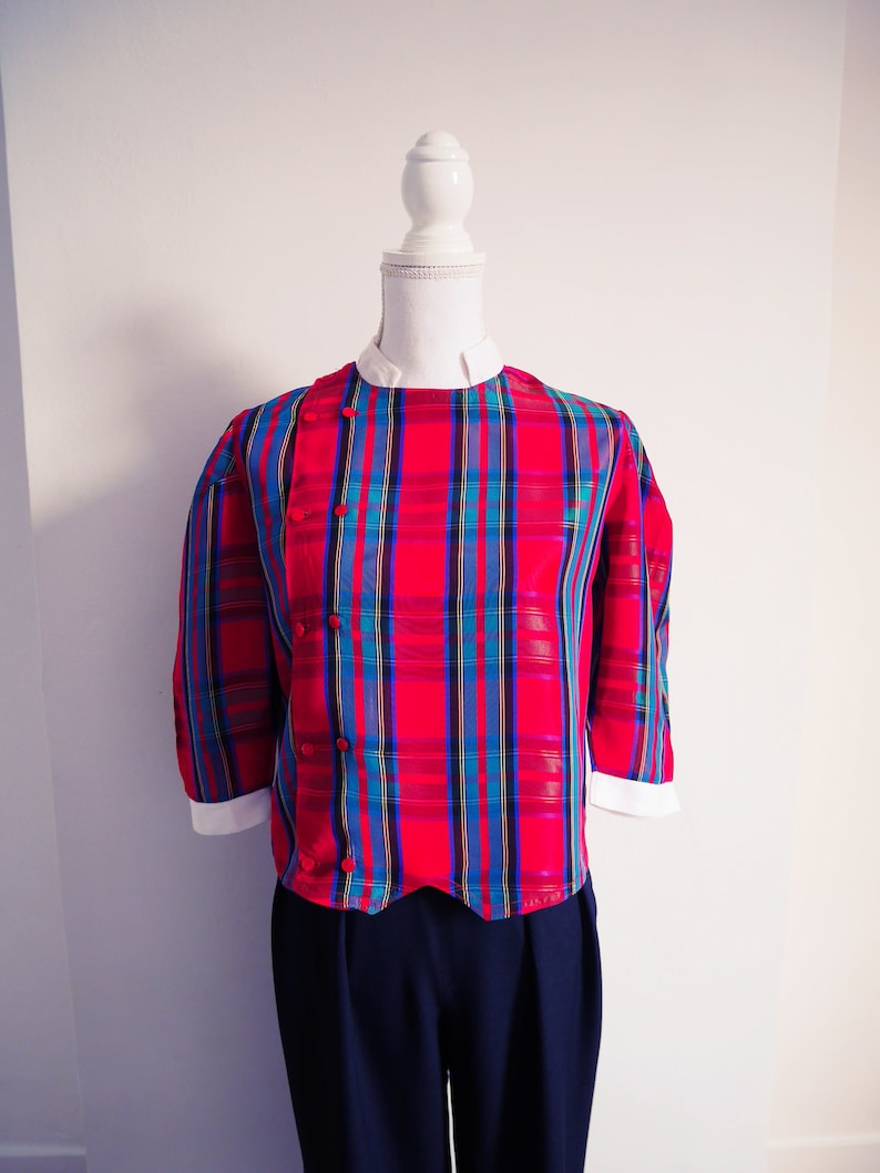 Crop shirt top blouse Vintage 70 of 80/'s Plaid hand stitched Scottish stand-up Mandarin collar