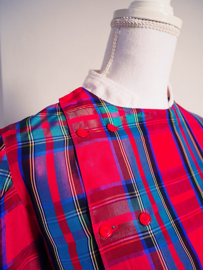 Crop shirt top blouse Vintage 70 of 80/'s Plaid hand stitched Scottish stand-up Mandarin collar