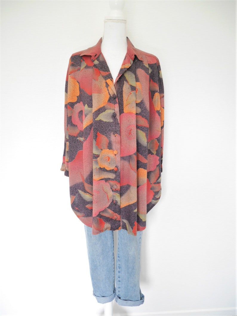 Vintage 80s 1980 1990 90s oversized long fluid pattern multicolor summer shirt