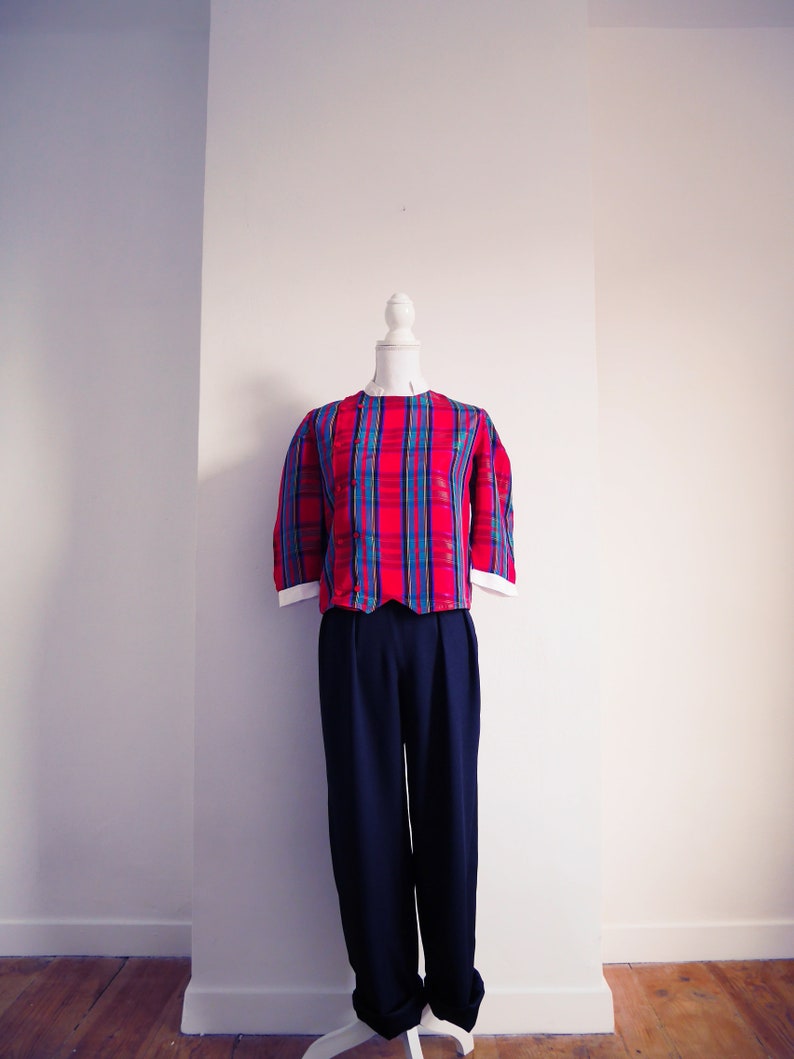 Crop shirt top blouse Vintage 70 of 80/'s Plaid hand stitched Scottish stand-up Mandarin collar