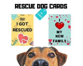 May include: A set of 20 greeting cards featuring illustrations of rescue dogs. The cards are yellow and blue with red hearts and the text "Today I Got Rescued" and "I Love My New Family".