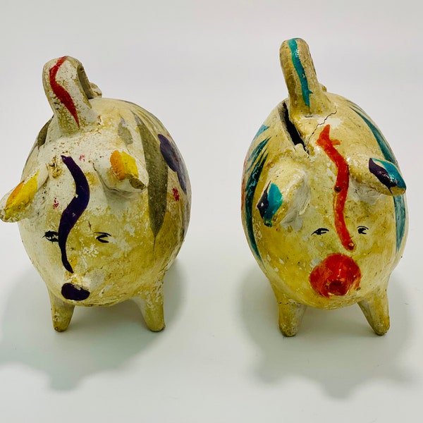 Vintage Mexican Pottery Souvenir Piggy Bank, Clay Pig Breakable Coin Bank, Mexican Folk Art