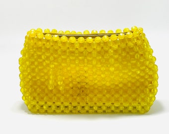 Vintage Sunny Yellow Beaded Clutch Purse, Zip Close Hong Kong