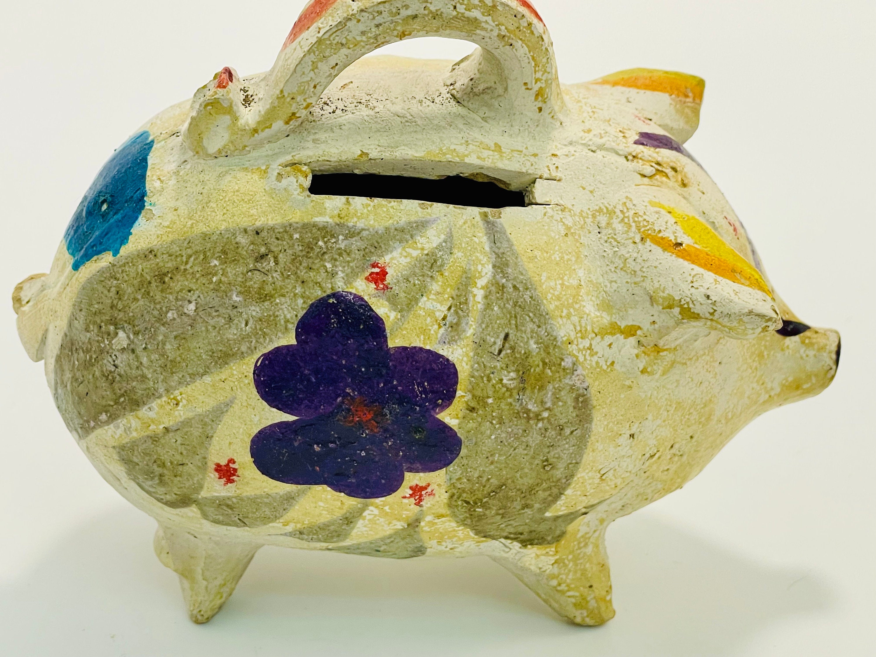 Vintage Mexican Pottery Souvenir Piggy Bank, Clay Pig Breakable Coin