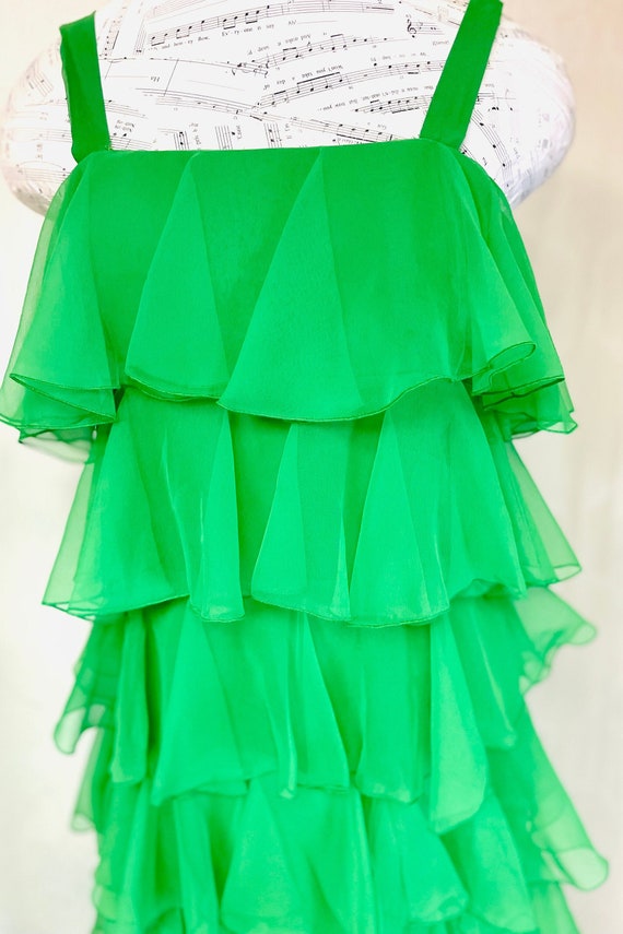Vtg Lee Jordan Ruffled Dress, 70's, Green, XS