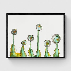 Green Flowers Ink Art | Abstract Green Flowers Ink Painting | Round Flowers Original Painting | Original Green and Yellow Flower Wall Art