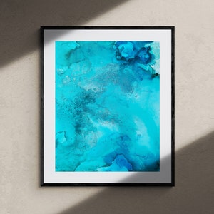 Blau Ozean Tinte Kunst | Blaugrüne abstrakte Tuschemalerei | Blau und Türkis Tinte Kunst | Blau und Grün Ocean Ink Wandkunst
