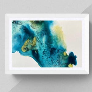 Blue and Green Wave Small Ink Art | White Framed Green and Blue Ink Art | White Framed Ink Art | Abstract Blue and Green Ink Art