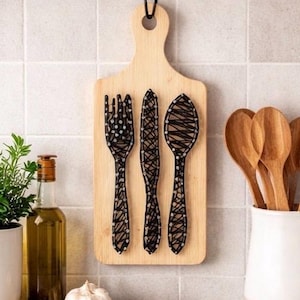 Utensil String Art on Cutting Board | Kitchen Wall Decor | Fork Knife Spoon Art | Rustic Kitchen Sign | Farmhouse Decor