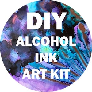 May include: A circular graphic with a colorful alcohol ink design in shades of blue, purple, and teal. The white text reads "DIY ALCOHOL INK ART KIT". The background has a marbled effect, creating a unique and artistic look.
