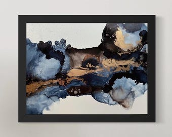 Framed Abstract Ink Painting | Metallic Gold, Blue & Black (9x12)