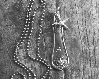 Silverplate Spoon Handle Necklace pendant Initial A with Starfish Charm Repurposed