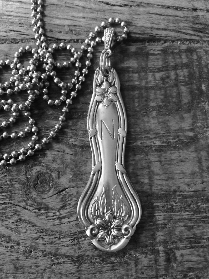 Repurposed  art nouveau Vintage Hand crafted Silverplate Spoon Handle~ Necklace Pendant initial N