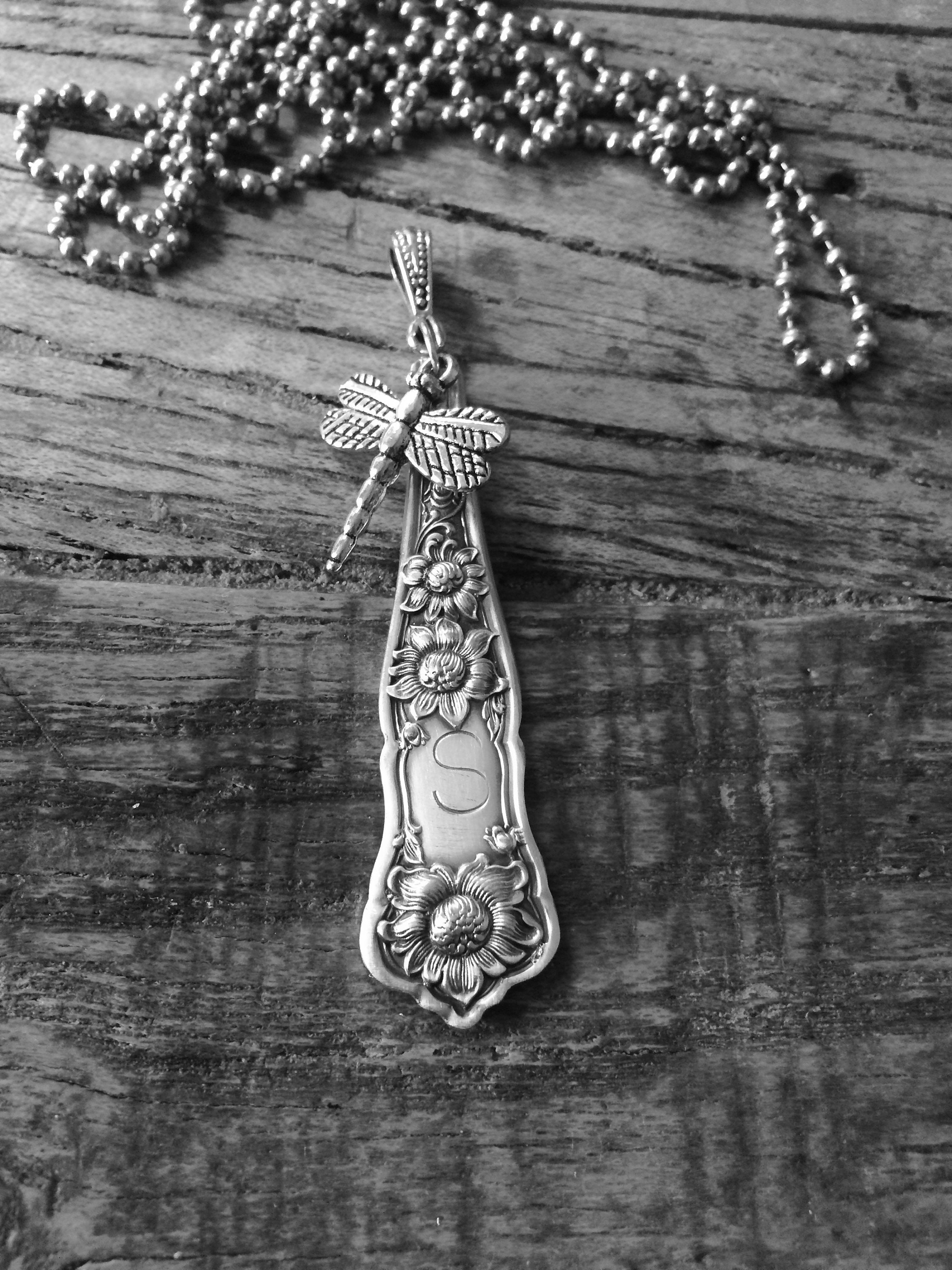 Repurposed art nouveau Vintage Hand crafted Silverplate Spoon Handle~ Necklace Pendant initial N