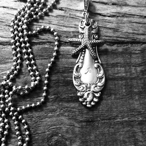 Silverplate Spoon Handle Necklace pendant Initial A with Starfish Charm Repurposed