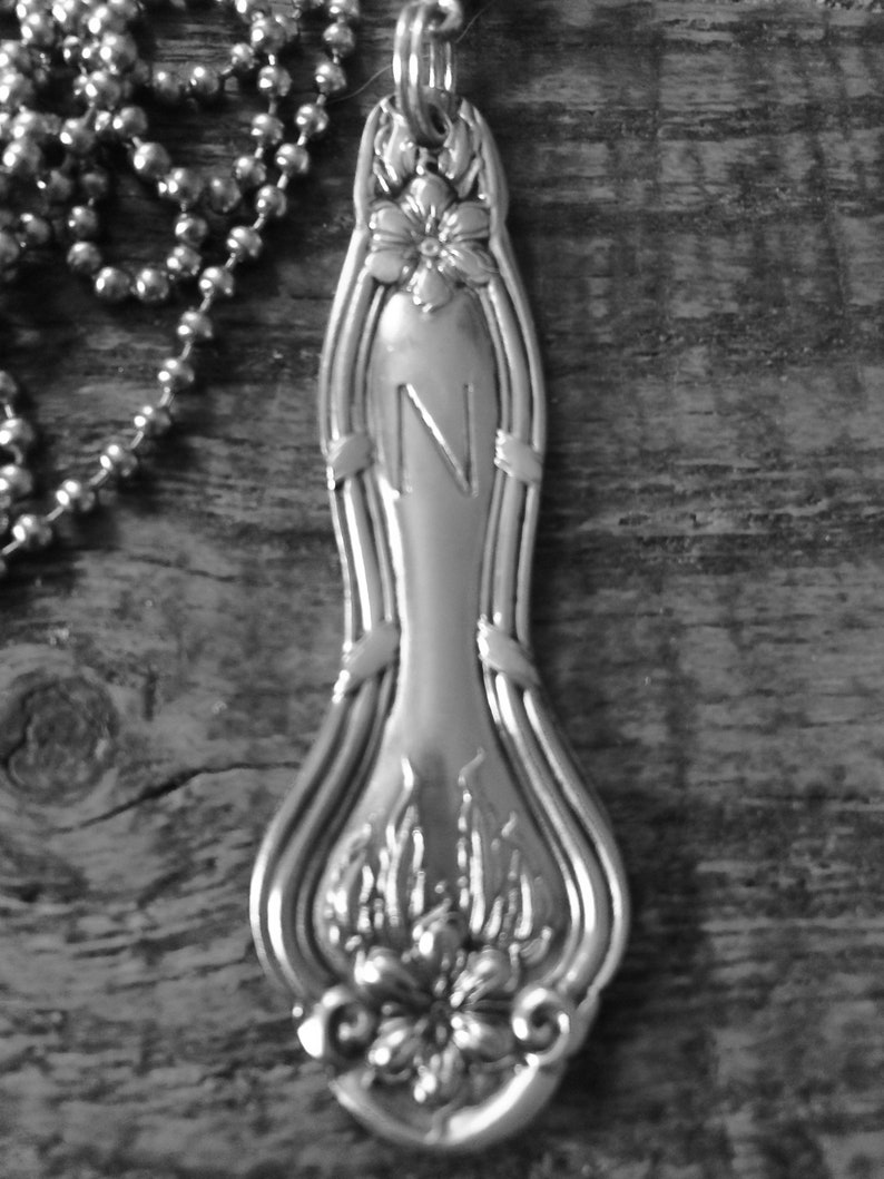 Repurposed art nouveau Vintage Hand crafted Silverplate Spoon Handle~ Necklace Pendant initial N