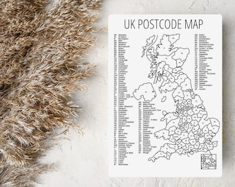 May include: A black and white map of the United Kingdom with postcode areas labeled. The map is on a white background with a list of cities and towns on the left side.