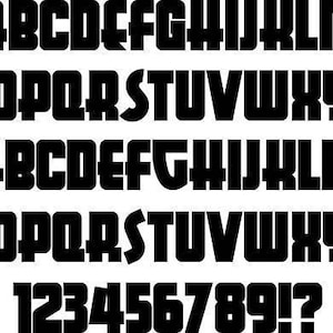 May include: A font alphabet with uppercase letters, lowercase letters, numbers, and punctuation marks. The font is bold and blocky.
