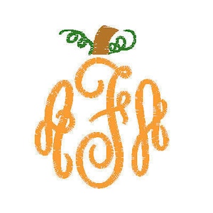 May include: Orange pumpkin monogram with the letters "FJF" in a cursive font. The pumpkin has a green stem and leaves.