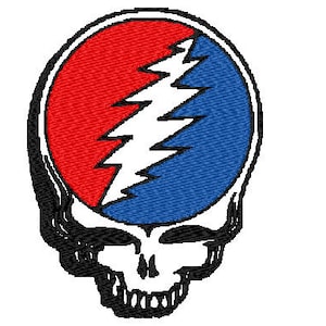 May include: A black and white outline of a skull with a red and blue lightning bolt inside. The lightning bolt is stylized and has a jagged edge.