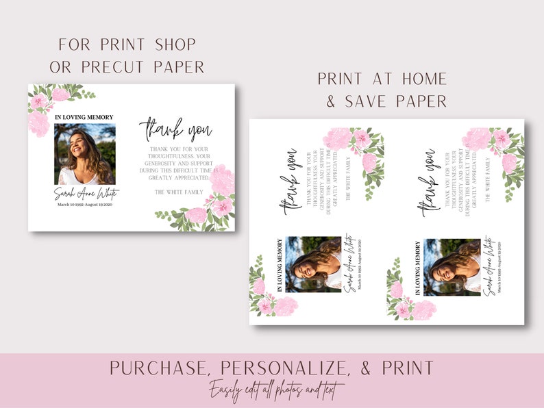 Floral Funeral Thank You Card Template | Printable Thank You Card ...