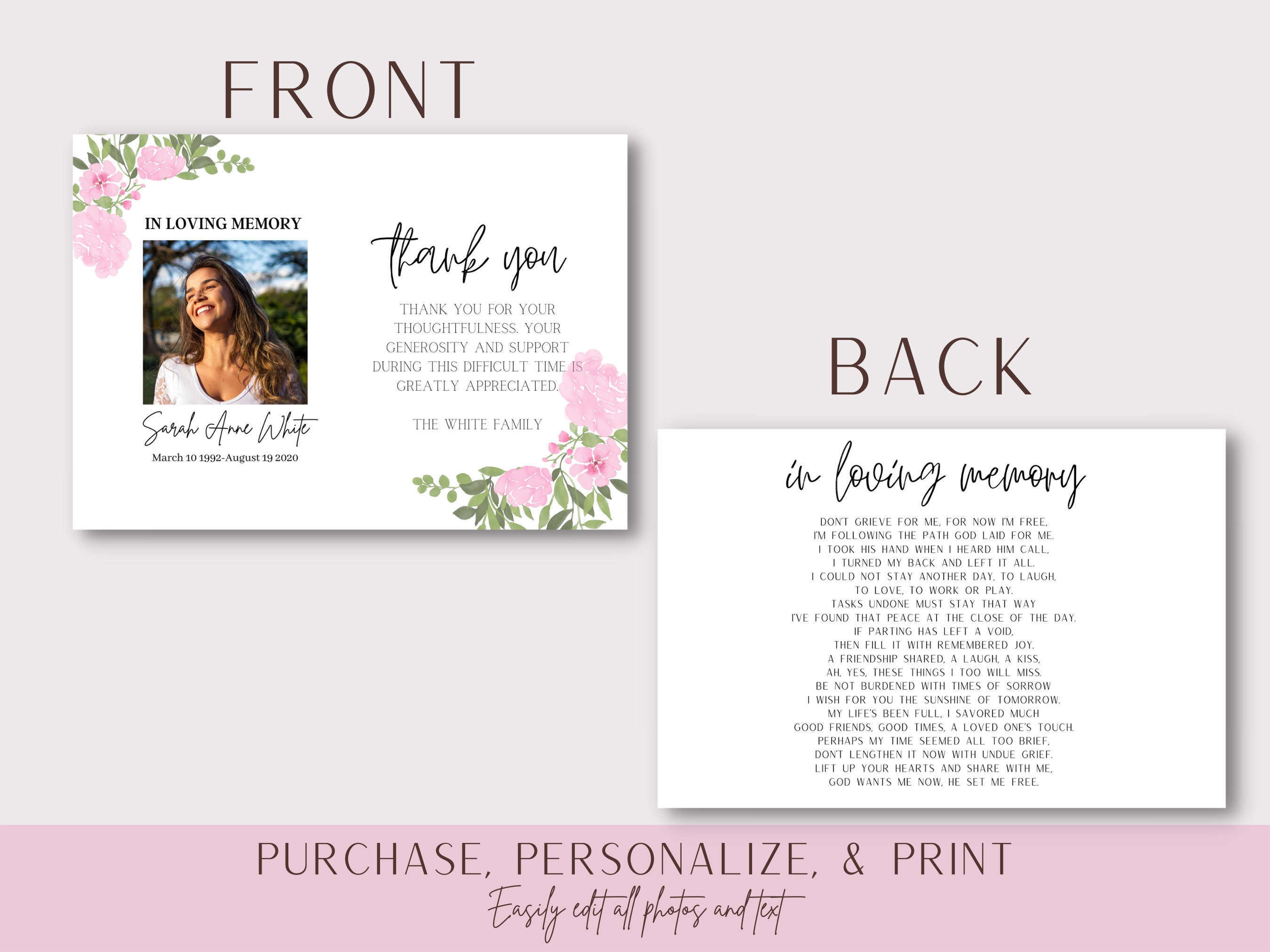 Floral Funeral Thank You Card Template | Printable Thank You Card ...